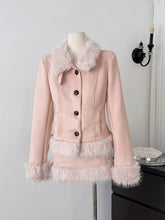 BXOXO Winter Korean Sweet Socialite Pink 2 Piece Set Women Solid Button Plush Top+Zipper Mini Skirts Female High End Warm Fashion Suit